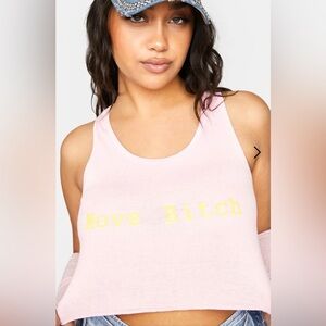 Dolls Kill Pink Crop Top with Yellow Graphic ‘Move B!+ch’